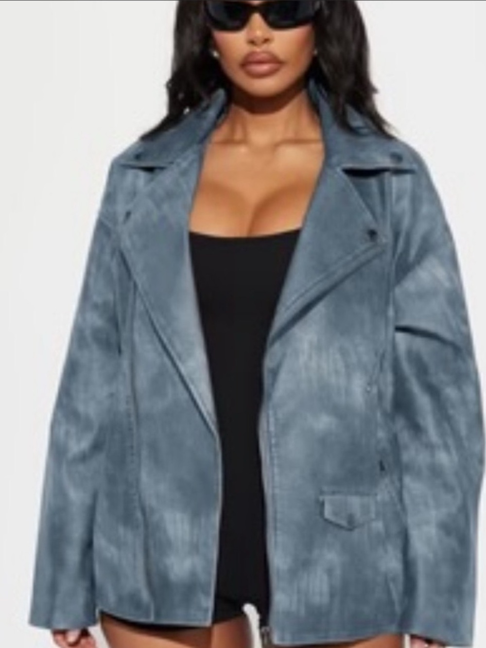 NWT Fashion Nova Hot Fix Faux Leather Oversized Moto Jacket~Dusty Blue